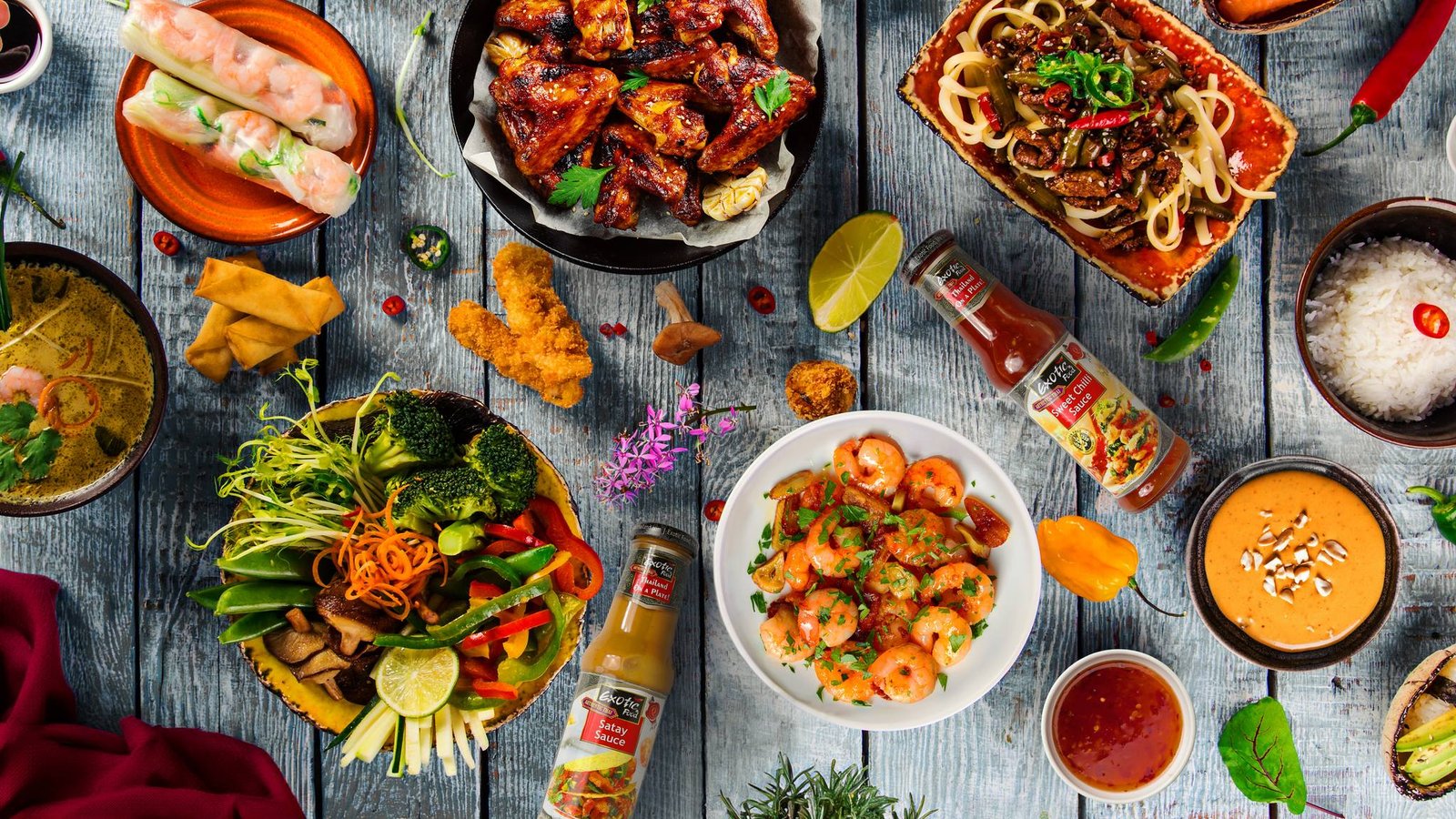 Various of asian meals on rustic background , top view , place for text. Asian food concept.